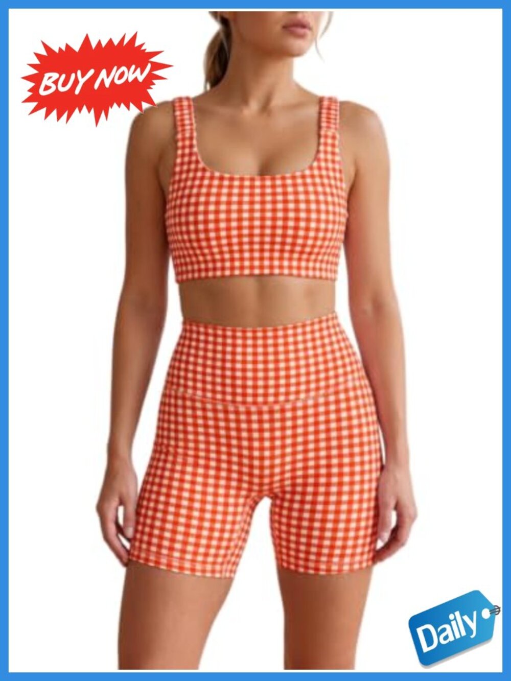 Gingham 2 Piece Workout Set Sports Bra High Waist Shorts Activewear